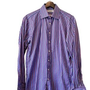 Thomas Pink Slim Fit Dress Shirt Mens 15 38cm Blue Red Stripe French Cuff Cotton